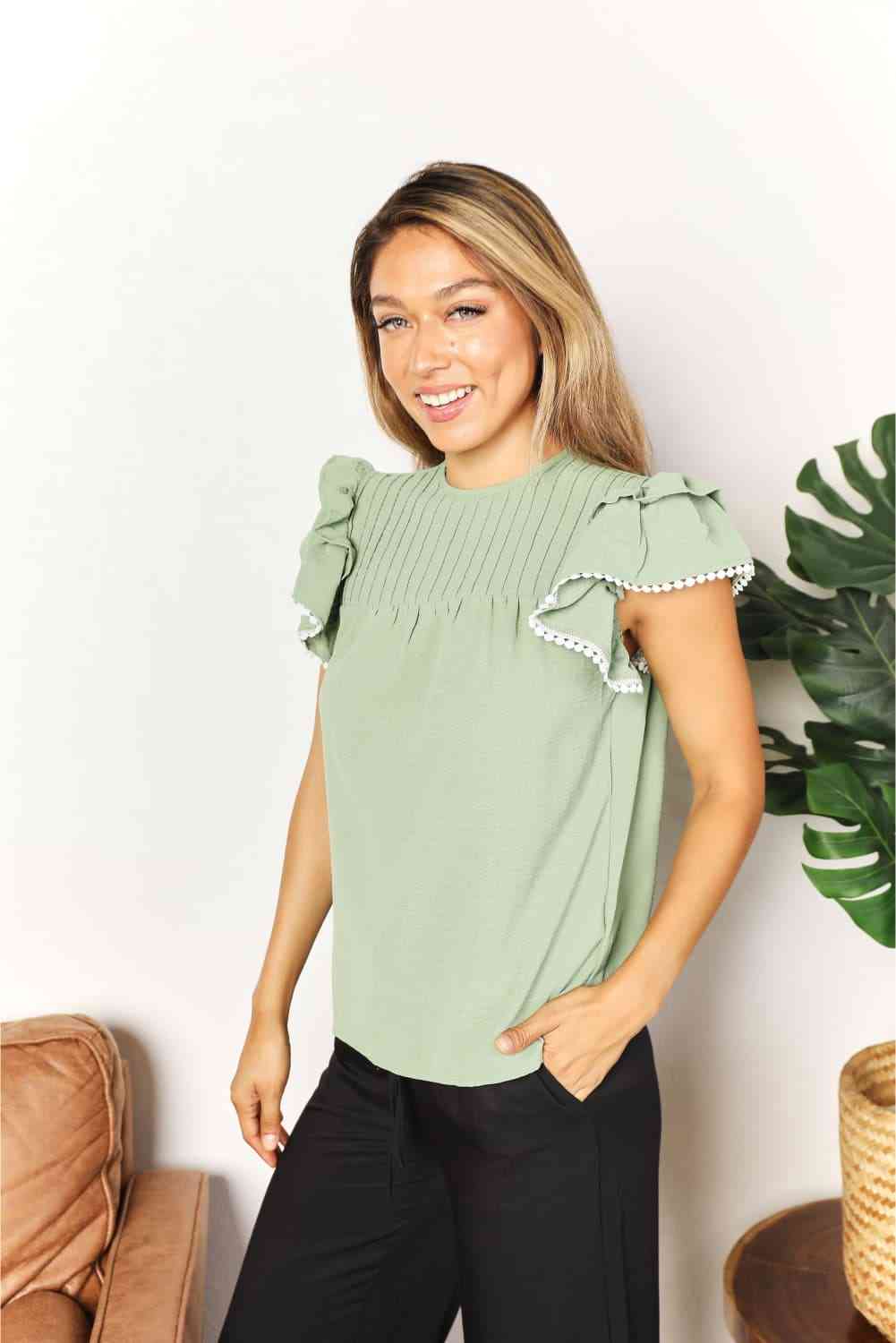 Double Take Pleated Detail Flutter Sleeve Blouse-Trendsi-SatinBoutique