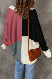 Colour Block Cable-Knit Batwing Sleeve Cardigan Trendsi