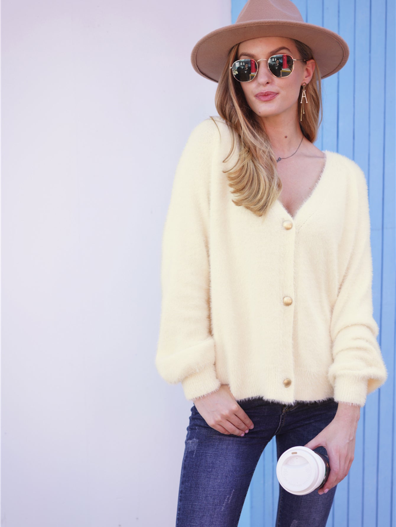 Fuzzy Long Sleeve Button Down Cardigan Trendsi