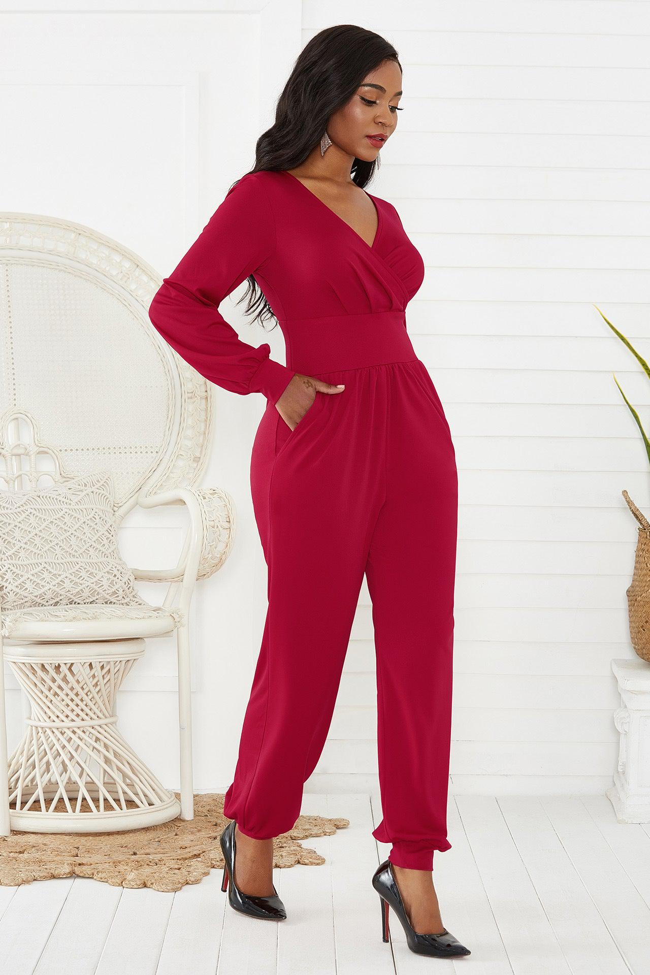 Gathered Detail Surplice Lantern Sleeve Jumpsuit Trendsi