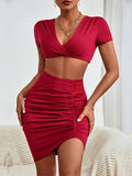 Twisted Deep V Cropped Top and Ruched Skirt Set Trendsi