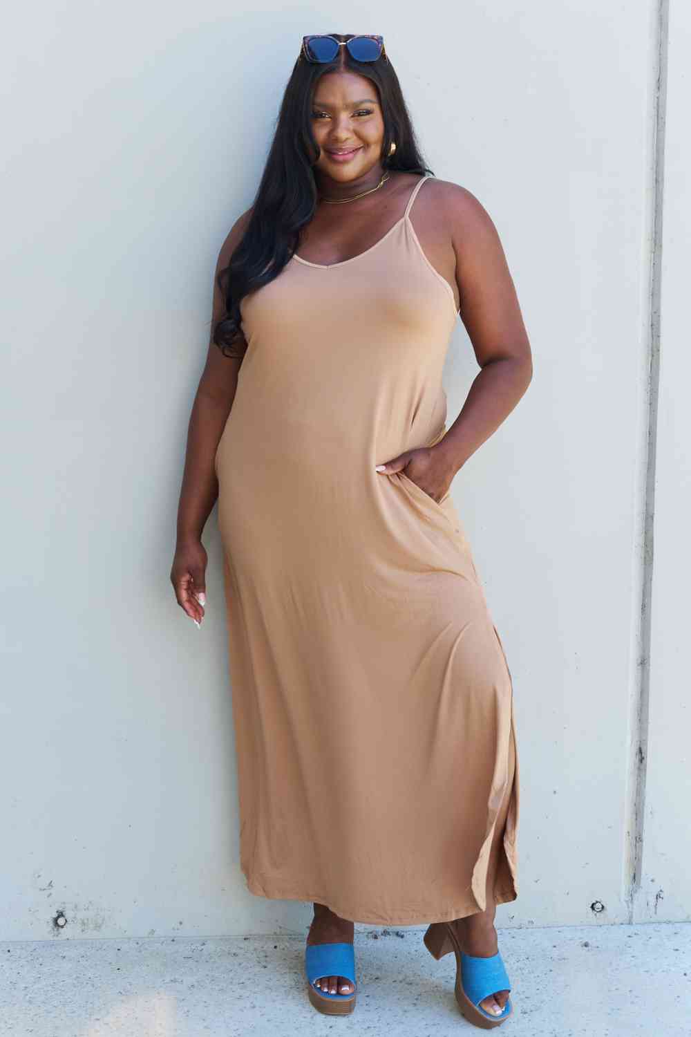 Ninexis Good Energy Full Size Cami Side Slit Maxi Dress in Camel-Trendsi-SatinBoutique