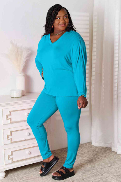 Basic Bae Full Size V-Neck Soft Rayon Long Sleeve Top and Pants Lounge Set-Trendsi-Sky Blue-S-SatinBoutique