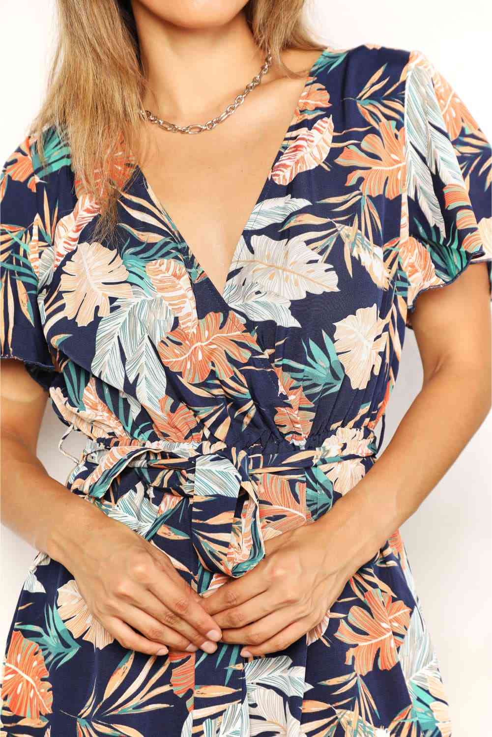 Double Take Botanical Print Surplice Neck Tie Waist Romper-Trendsi-SatinBoutique