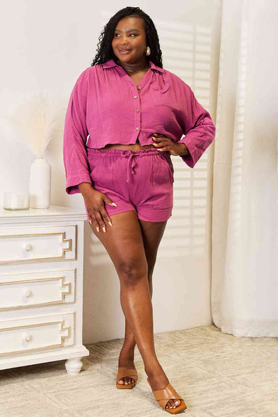 Basic Bae Buttoned Long Sleeve Top and Shorts Set-Trendsi-SatinBoutique