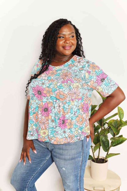 Double Take Floral Round Neck Babydoll Top-Trendsi-SatinBoutique