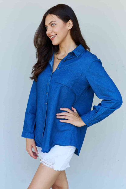 Doublju Blue Jean Baby Denim Button Down Shirt Top in Dark Blue-Trendsi-SatinBoutique