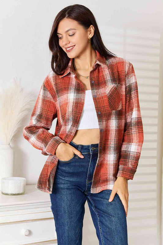 Double Take Plaid Collared Neck Long Sleeve Shirt-Trendsi-Ochre-S-SatinBoutique