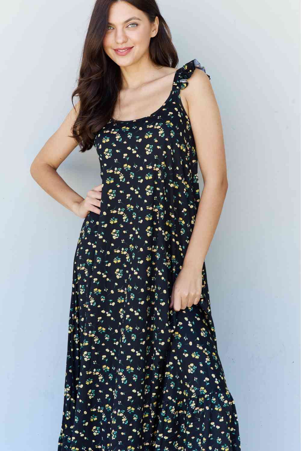 Doublju In The Garden Ruffle Floral Maxi Dress in Black Yellow Floral-Trendsi-SatinBoutique