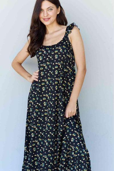 Doublju In The Garden Ruffle Floral Maxi Dress in Black Yellow Floral-Trendsi-SatinBoutique