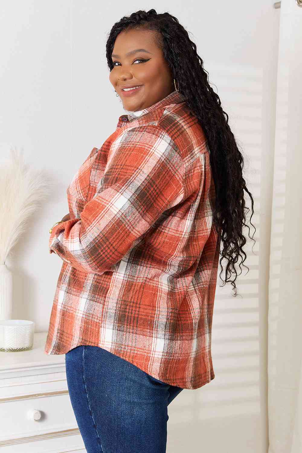 Double Take Plaid Collared Neck Long Sleeve Shirt-Trendsi-SatinBoutique