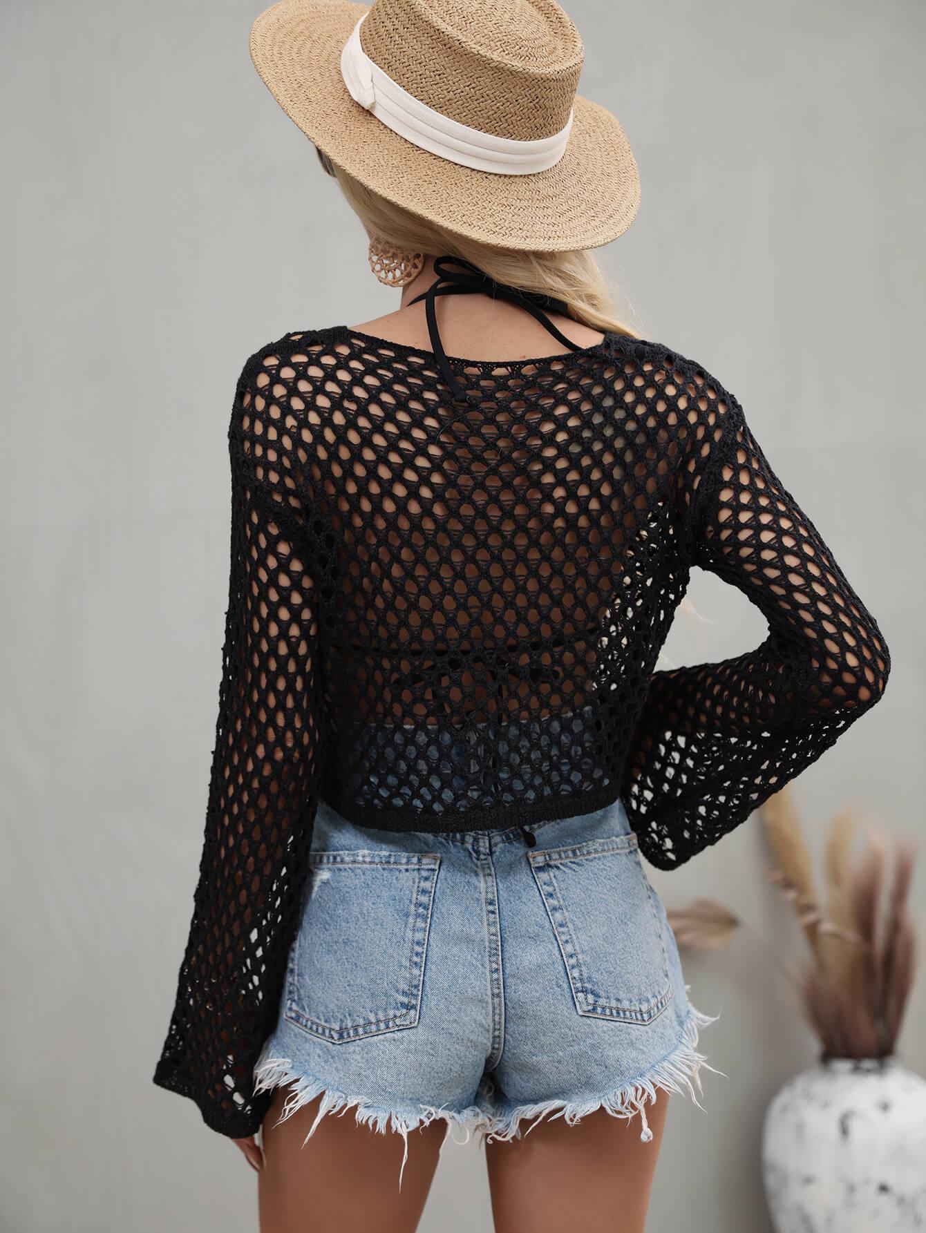 Openwork Flare Sleeve Cropped Cover Up Trendsi