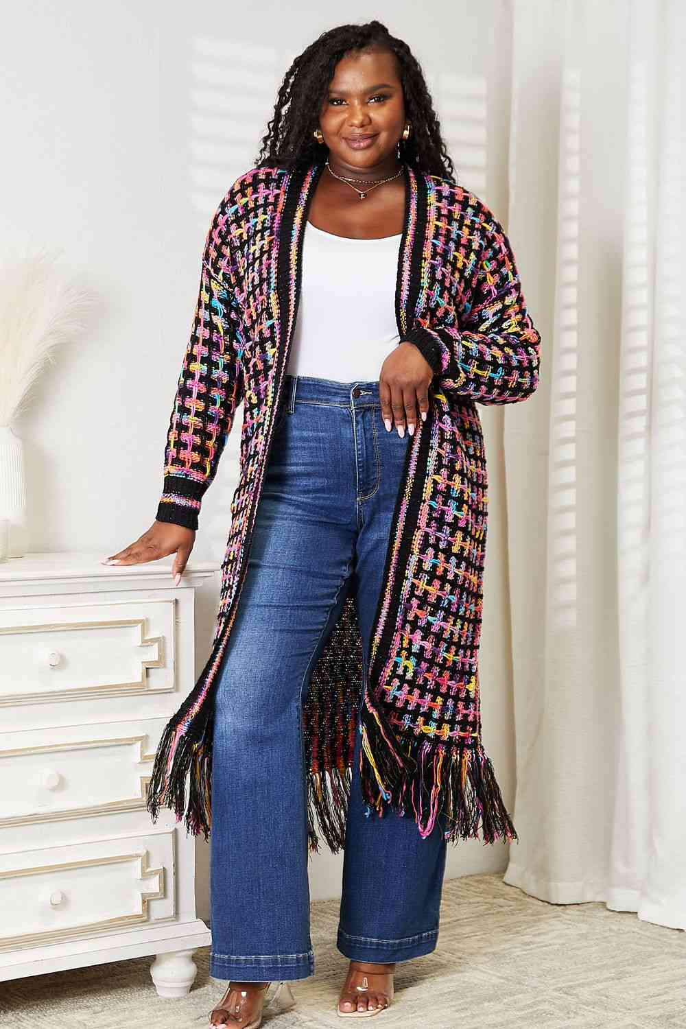 Double Take Full Size Multicolored Open Front Fringe Hem Cardigan. Also Plus sizes-Trendsi-SatinBoutique