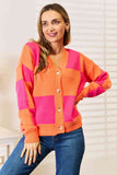 Woven Right Checkered V-Neck Dropped Shoulder Cardigan-Trendsi-Hot Pink-S-SatinBoutique