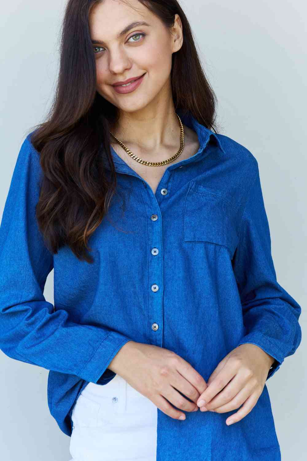 Doublju Blue Jean Baby Denim Button Down Shirt Top in Dark Blue-Trendsi-SatinBoutique