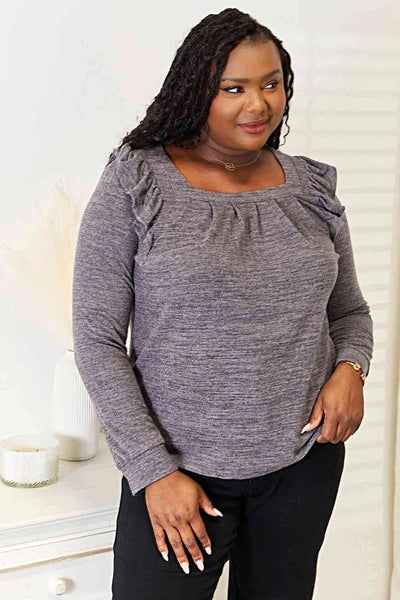 Elegant Ruffle Shoulder Top - Square Neck Long Sleeve T-Shirt in Plus Sizes Trendsi