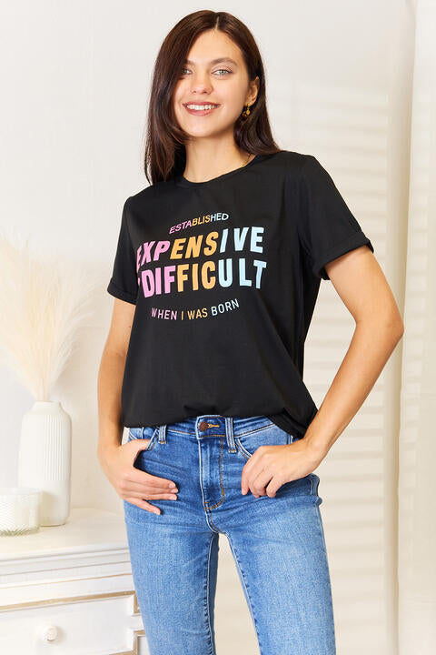 Simply Love Slogan Graphic Cuffed Sleeve T-Shirt, Also in Plus sizes-Trendsi-Black-S-SatinBoutique