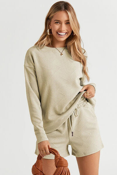 Double Take Full Size Long Sleeve Top Shorts Set with Pockets - Comfortable & Stretchy Trendsi