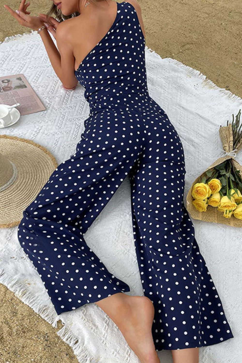 Polka Dot One-Shoulder Jumpsuit Trendsi