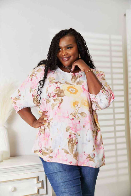 Double Take Floral Round Neck Three-Quarter Sleeve Top-Trendsi-SatinBoutique