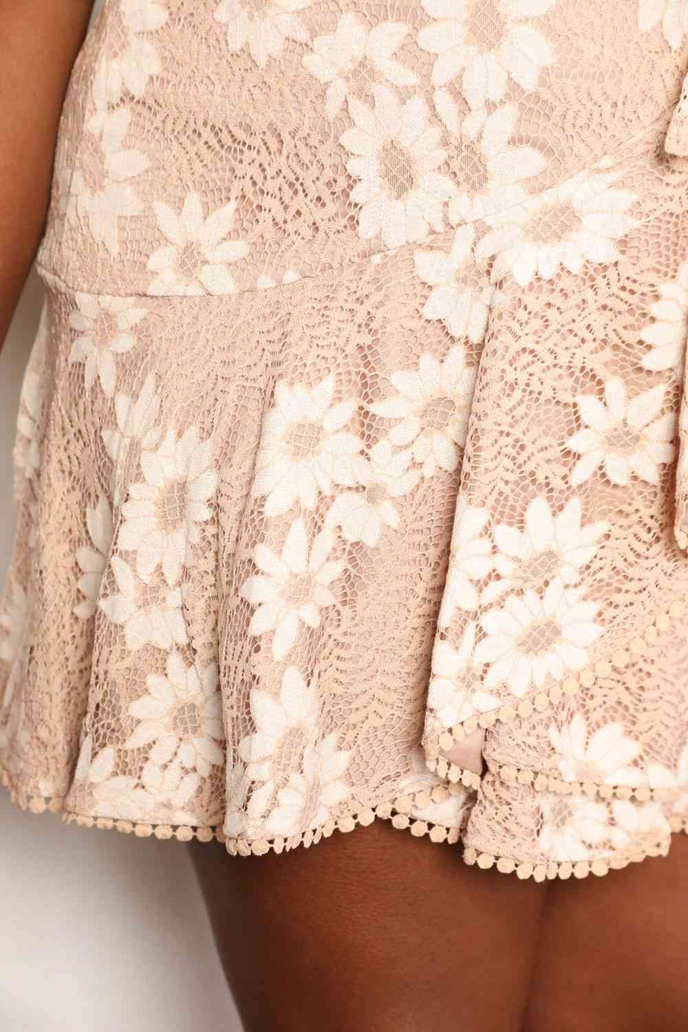 Double Take Floral Lace Pompom Detail Tie-Waist Flutter Sleeve Dress-Trendsi-SatinBoutique