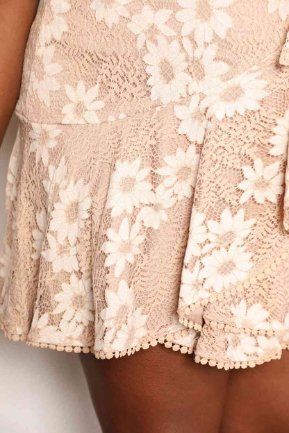 Double Take Floral Lace Pompom Detail Tie-Waist Flutter Sleeve Dress-Trendsi-SatinBoutique