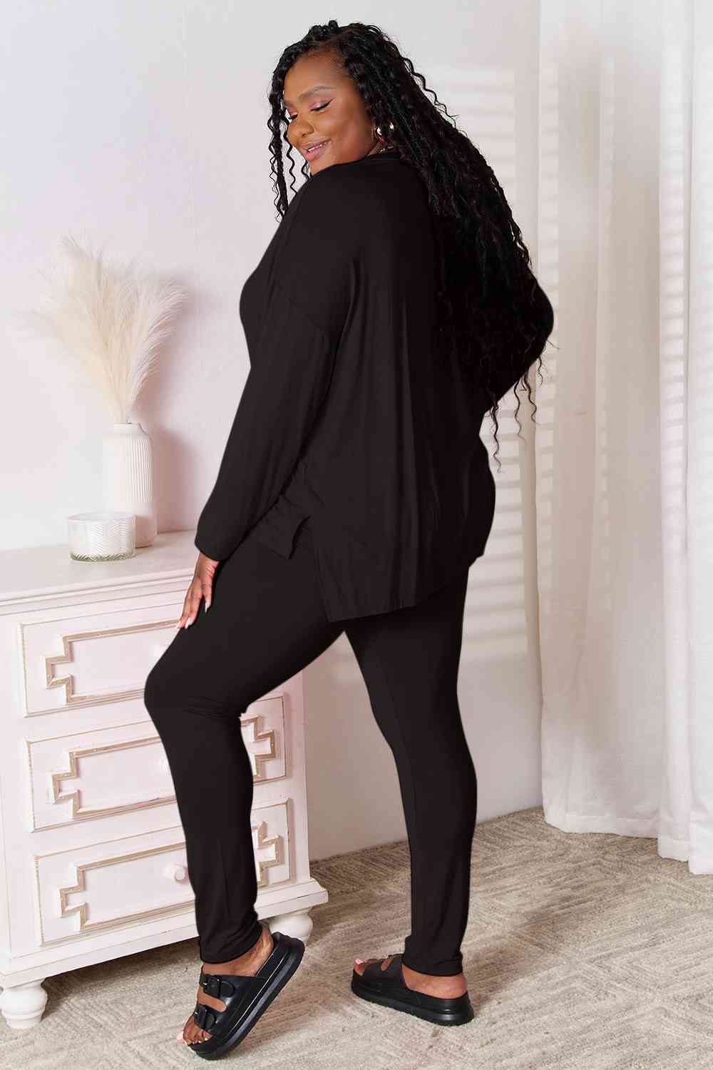 Basic Bae Full Size V-Neck Soft Rayon Long Sleeve Top and Pants Lounge Set-Trendsi-SatinBoutique