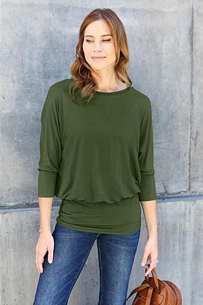 Luxury Basic Bae Batwing Sleeve Top - Full Size Round Neck Blouse in Stretchy Rayon Blend Trendsi