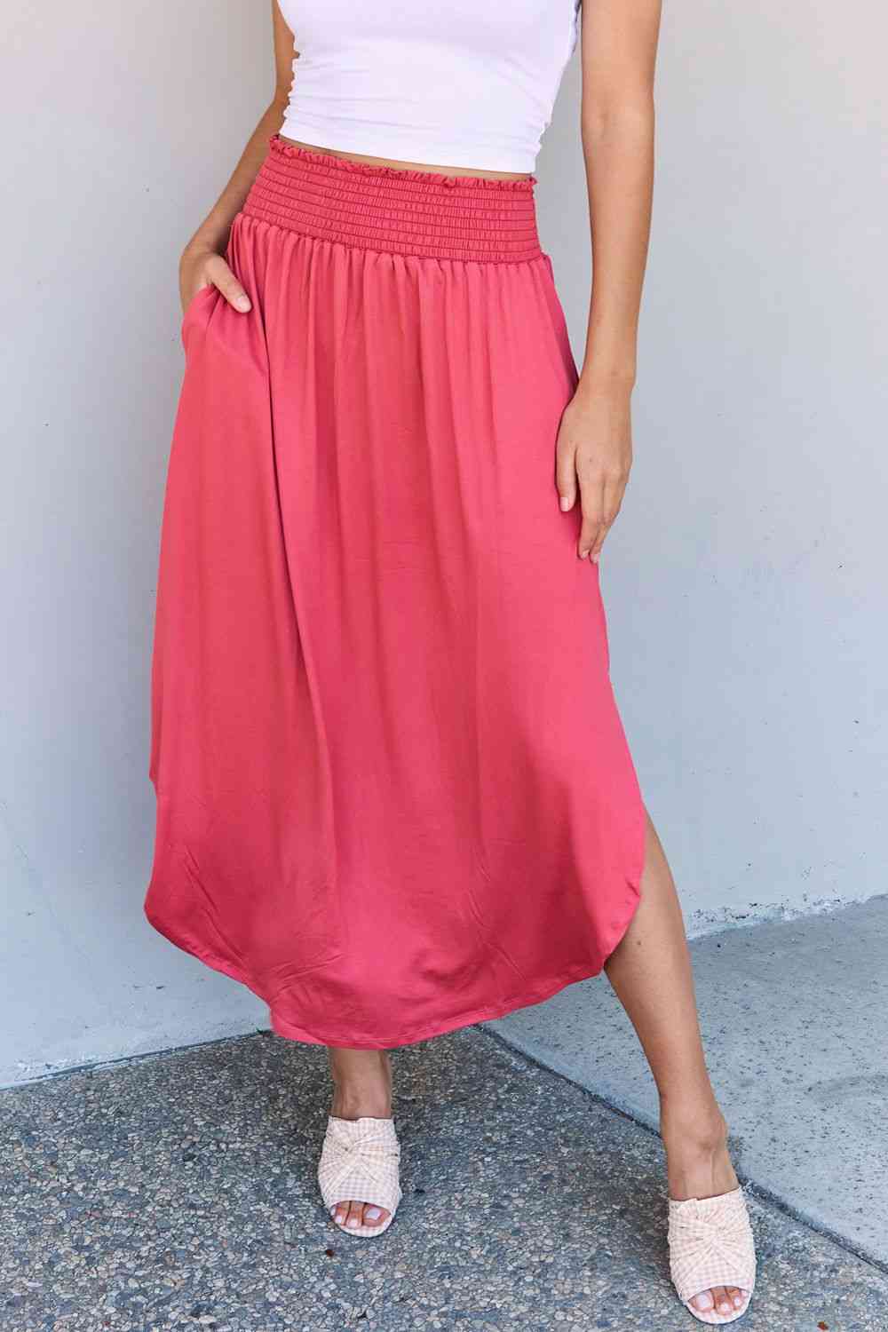 Doublju Comfort Princess Full Size High Waist Scoop Hem Maxi Skirt in Hot Pink-Trendsi-SatinBoutique