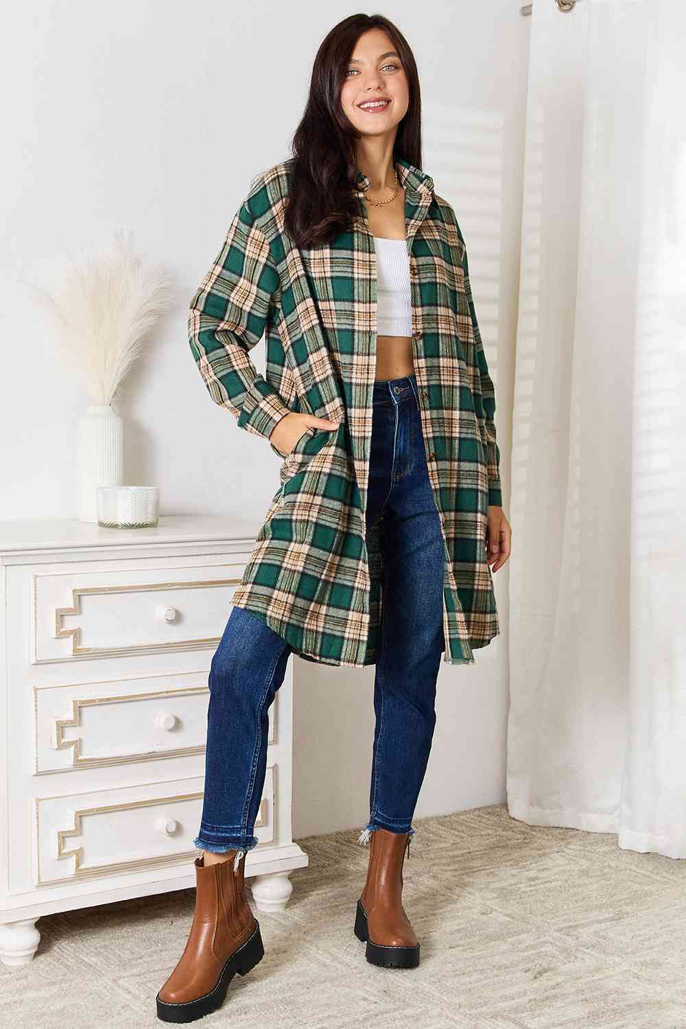 Double Take Plaid Collared Neck Long Sleeve Shirt-Trendsi-SatinBoutique