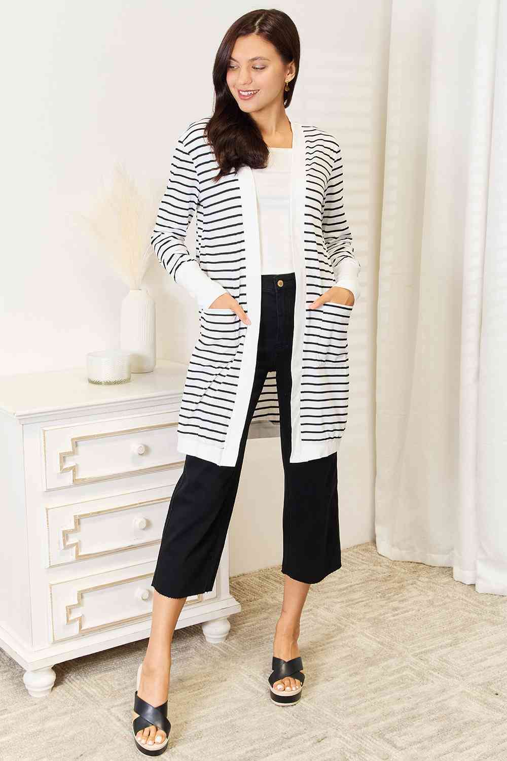 Double Take Striped Open Front Longline Cardigan-Trendsi-SatinBoutique