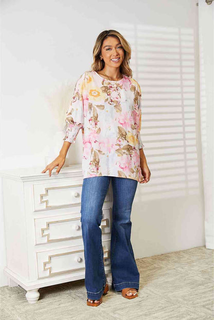 Double Take Floral Round Neck Three-Quarter Sleeve Top-Trendsi-SatinBoutique