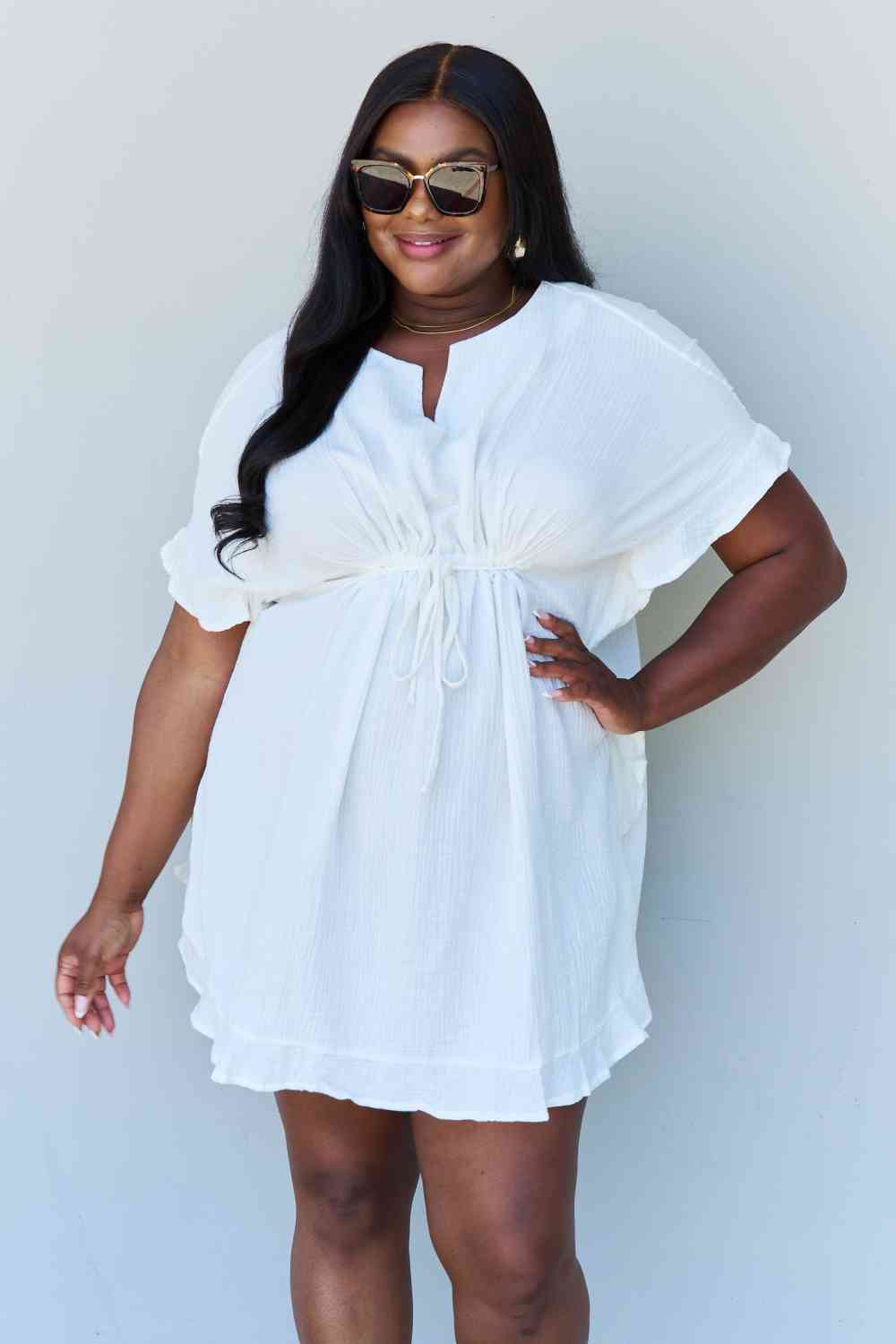 Ninexis Out Of Time Full Size Ruffle Hem Dress with Drawstring Waistband in White-Trendsi-SatinBoutique