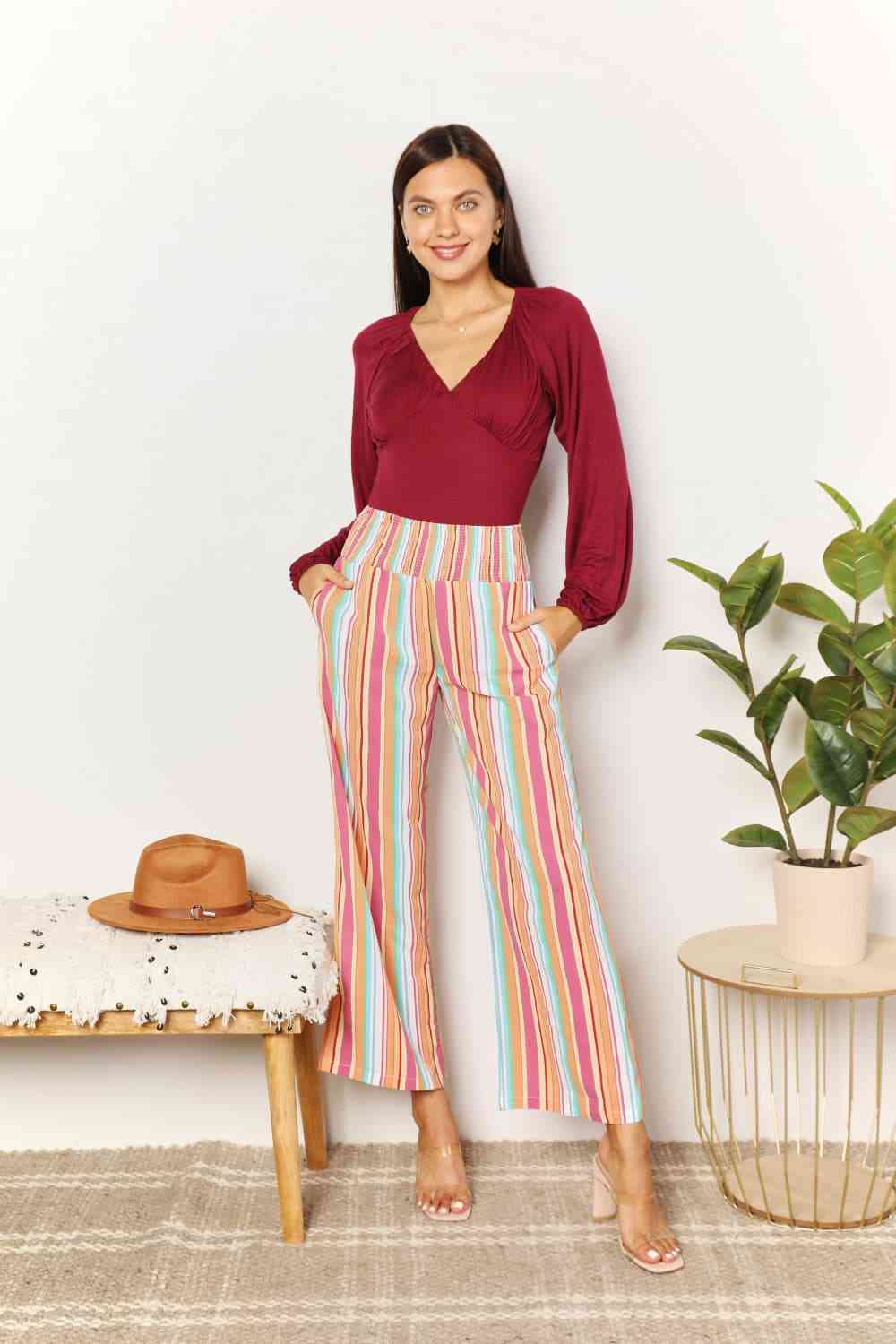 Double Take Striped Smocked Waist Pants with Pockets-Trendsi-SatinBoutique