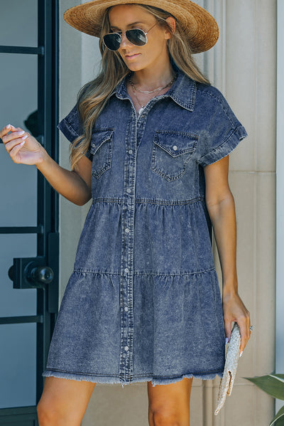 Button Front Raw Hem Denim Dress Trendsi