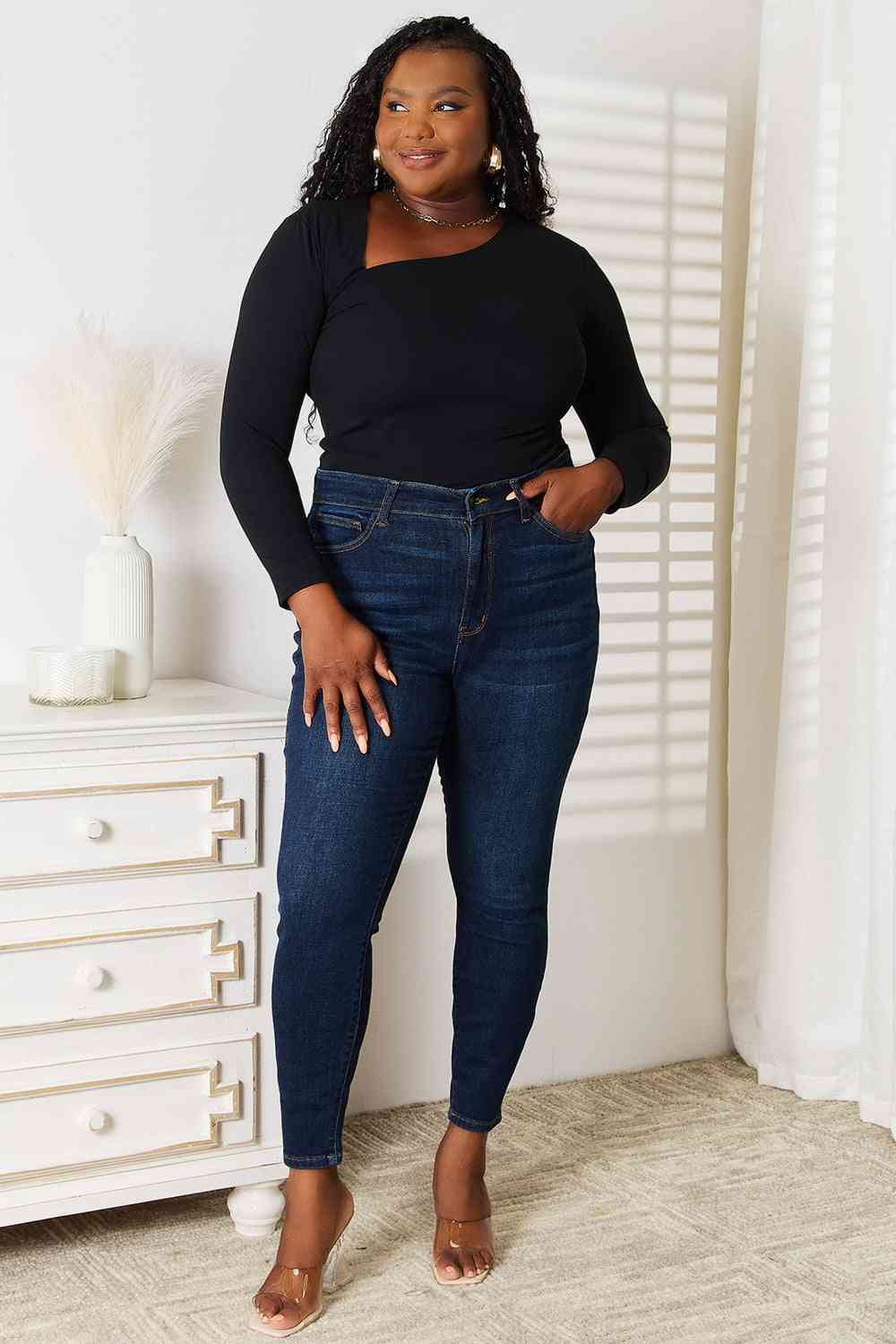 Basic Bae Asymmetrical Neck Long Sleeve Top-Trendsi-SatinBoutique