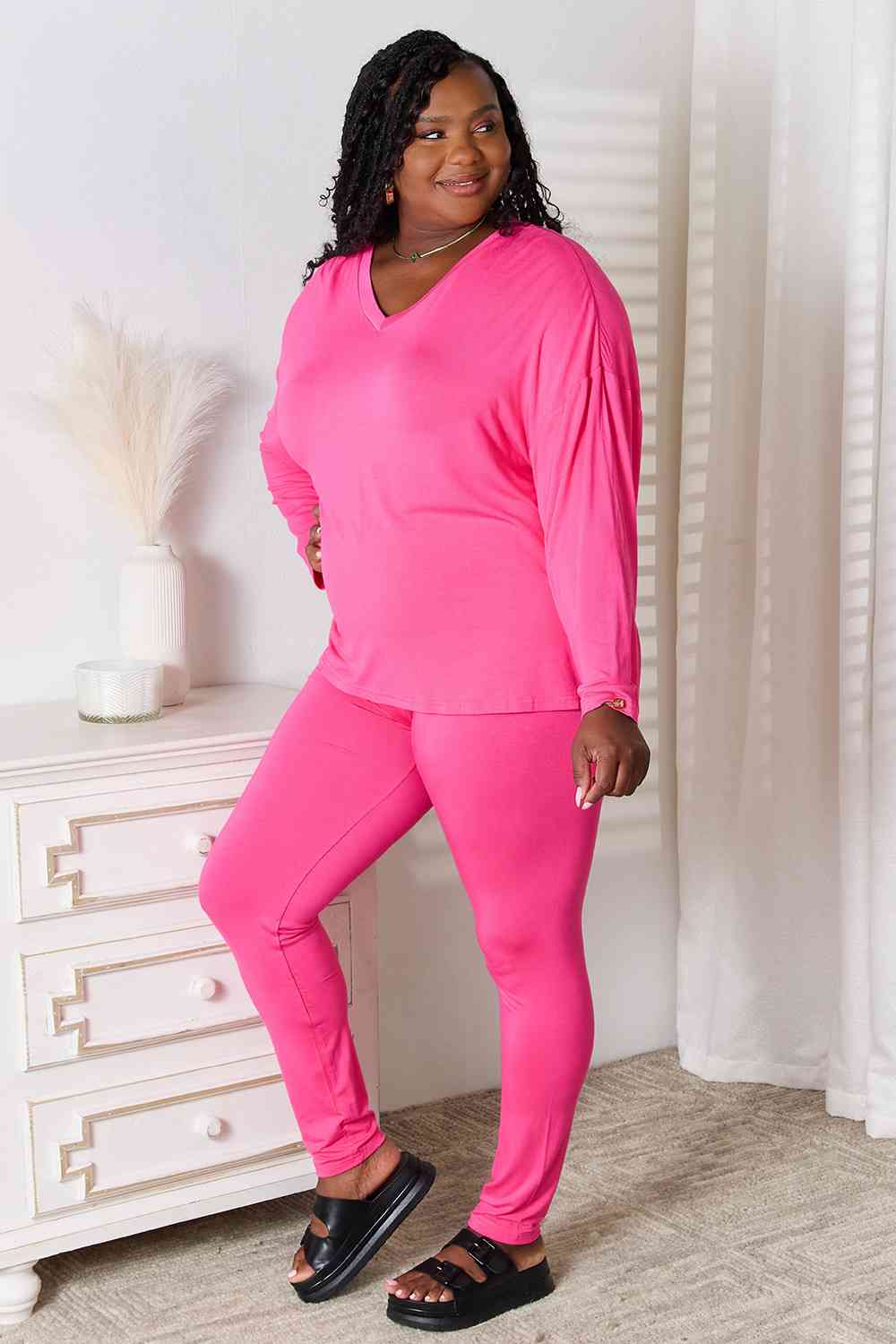 Basic Bae Full Size V-Neck Soft Rayon Long Sleeve Top and Pants Lounge Set-Trendsi-SatinBoutique