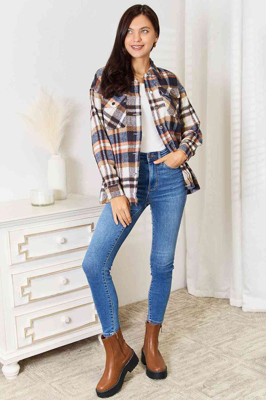 Double Take Plaid Button Front Shirt Jacket with Breast Pockets, Also in Plus sizes-Trendsi-SatinBoutique