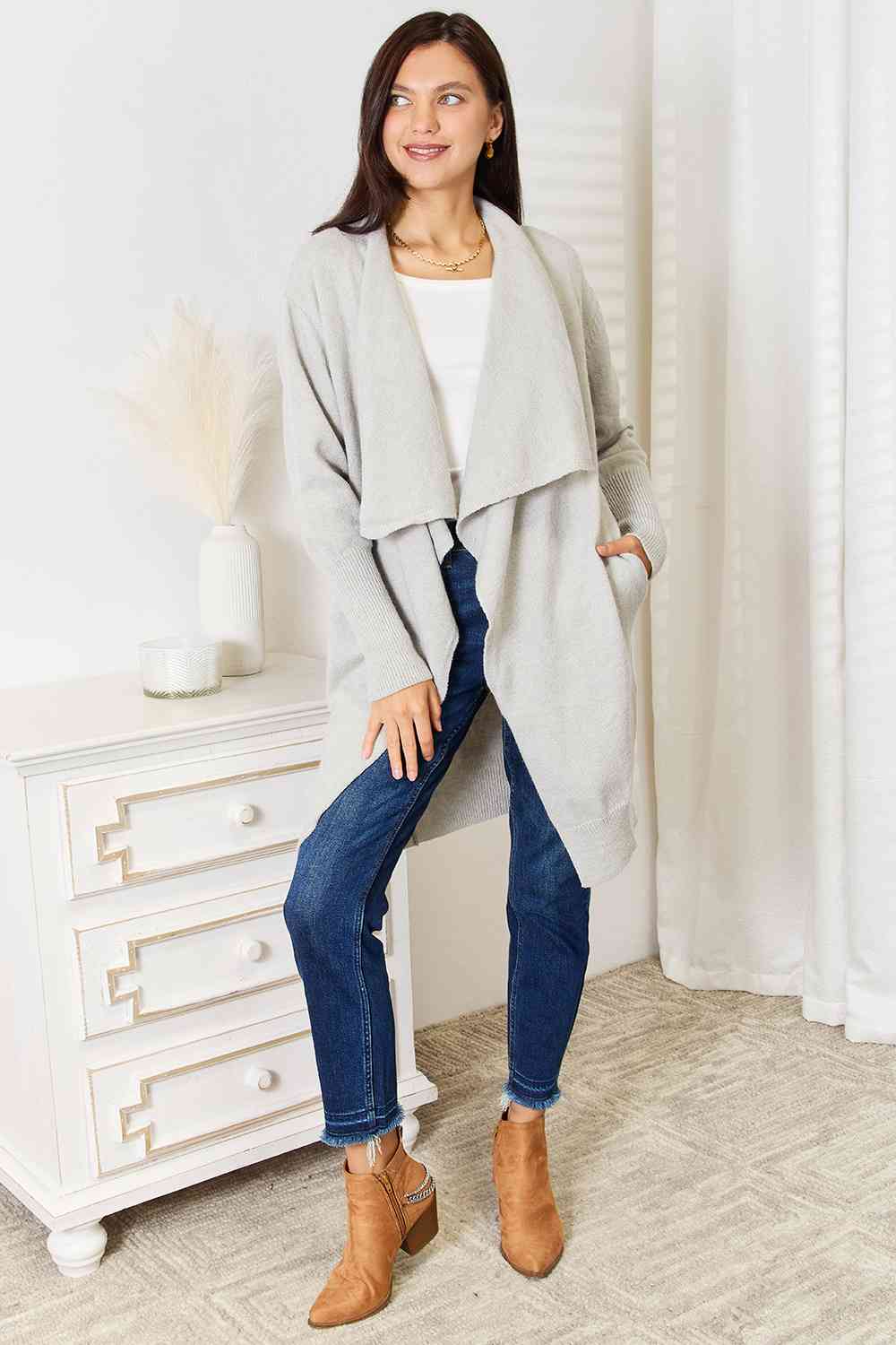 Double Take Open Front Duster Cardigan with Pockets-Trendsi-SatinBoutique