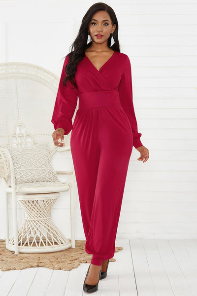 Gathered Detail Surplice Lantern Sleeve Jumpsuit Trendsi