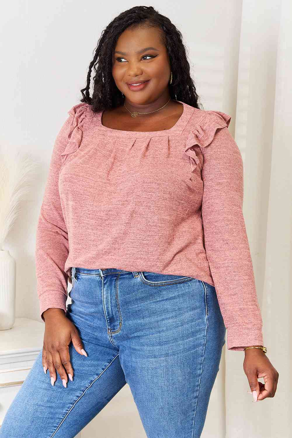 Double Take Square Neck Ruffle Shoulder Long Sleeve T-Shirt, Also Plus sizes-Trendsi-SatinBoutique