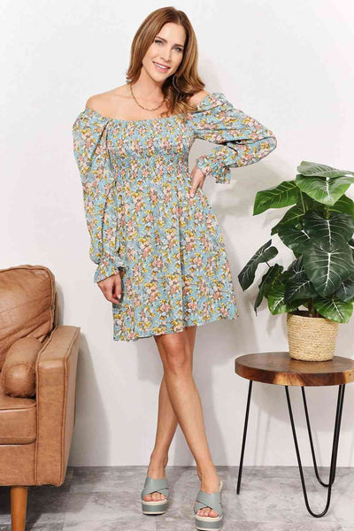 Double Take Floral Smocked Flounce Sleeve Square Neck Dress-Trendsi-SatinBoutique