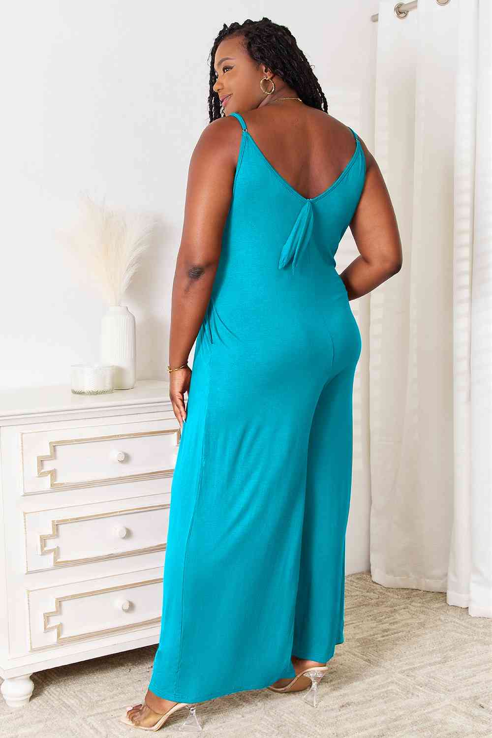 Double Take Full Size Soft Rayon Spaghetti Strap Tied Wide Leg Jumpsuit, Also Plus Sizes-Trendsi-SatinBoutique