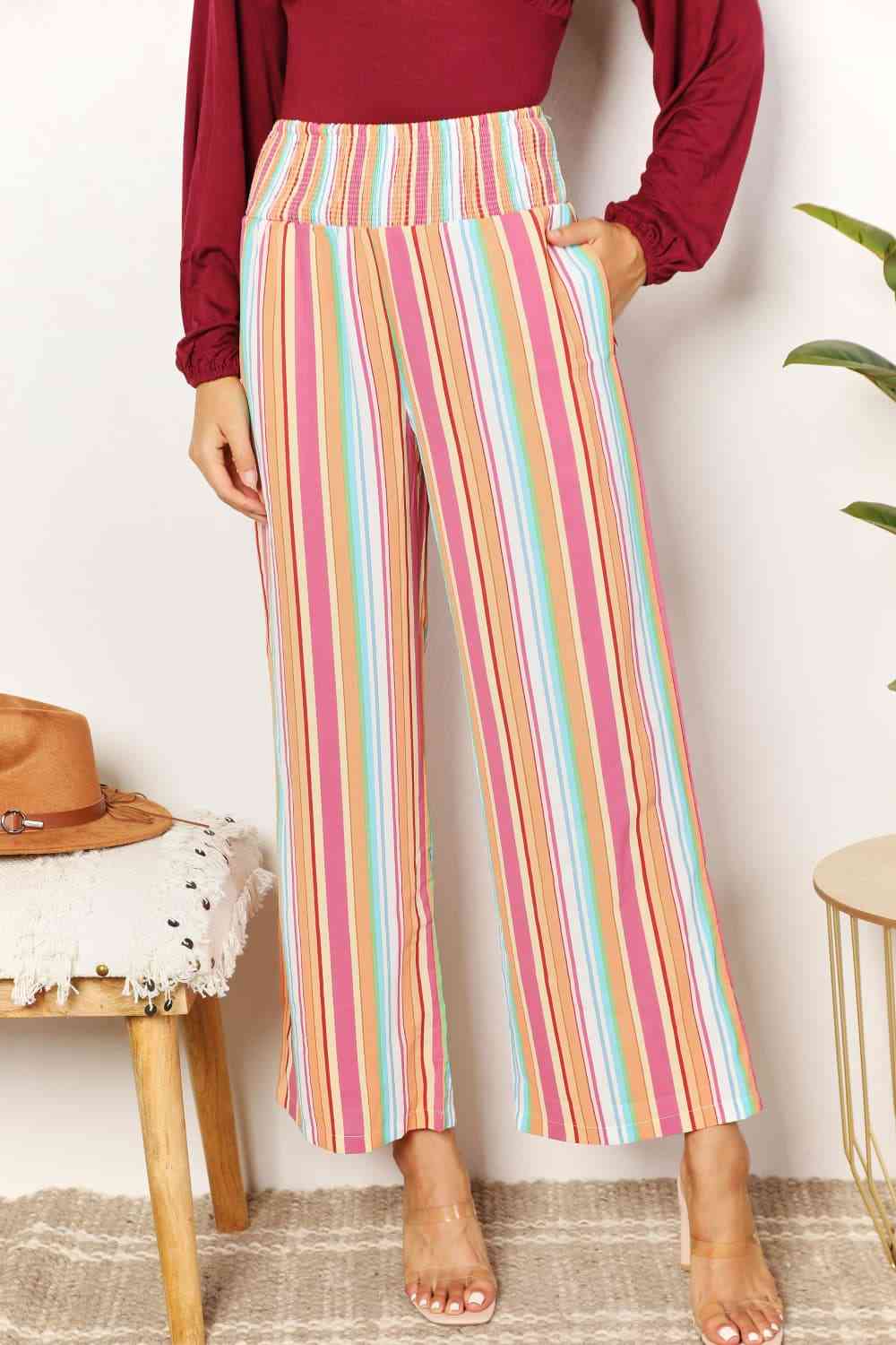 Double Take Striped Smocked Waist Pants with Pockets-Trendsi-Multicolor-S-SatinBoutique