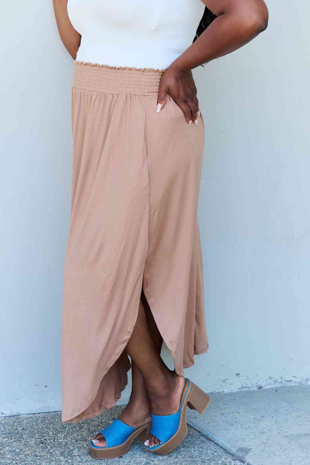 Doublju Comfort Princess Full Size High Waist Scoop Hem Maxi Skirt in Tan-Trendsi-SatinBoutique