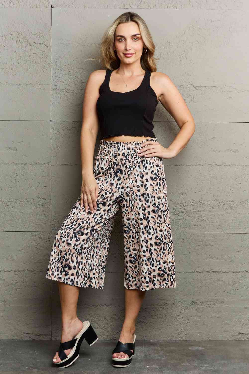 Ninexis Leopard High Waist Flowy Wide Leg Pants with Pockets-Trendsi-SatinBoutique