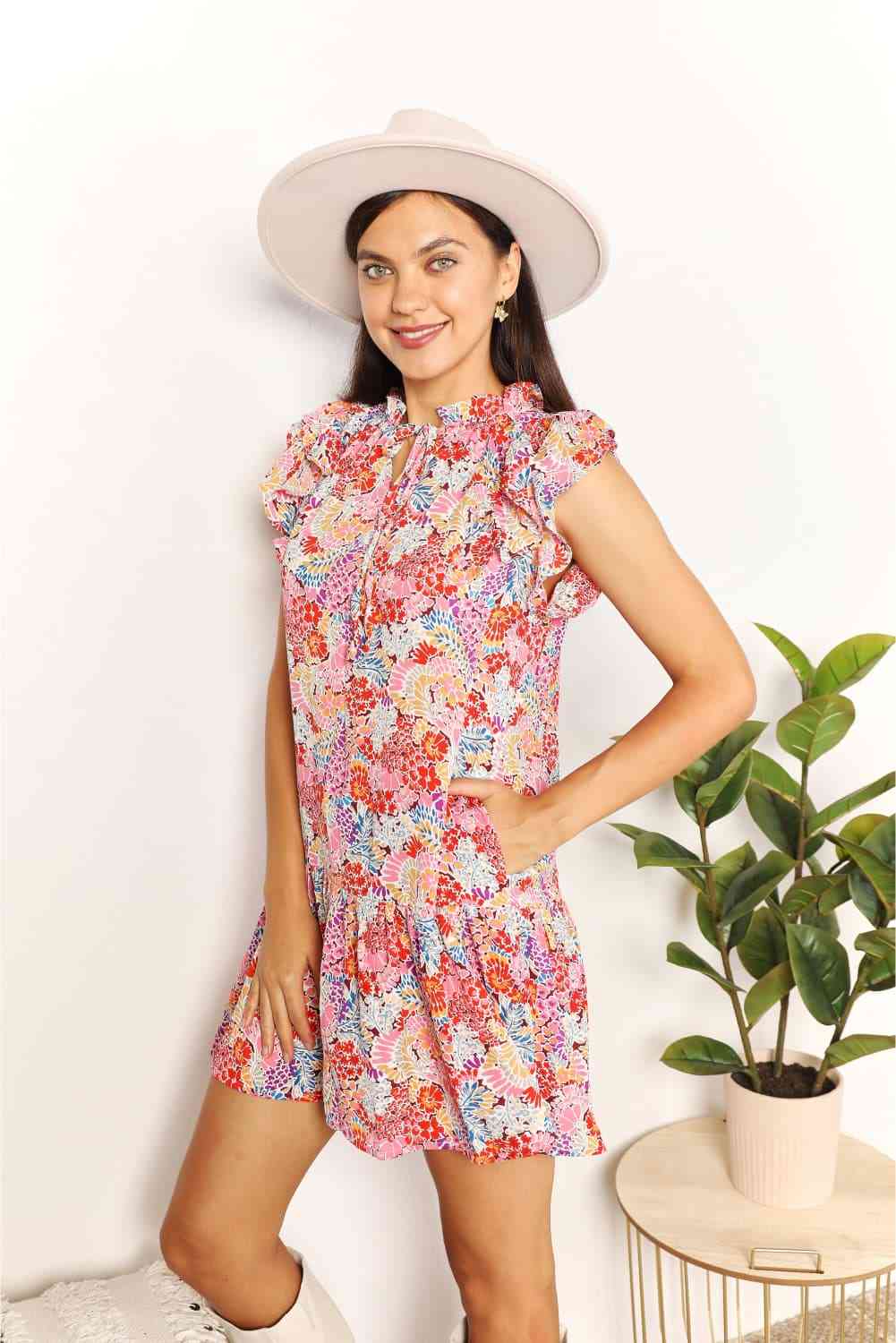 Double Take Floral Tie Neck Cap Sleeve Dress-Trendsi-SatinBoutique