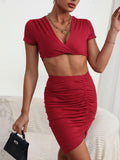 Twisted Deep V Cropped Top and Ruched Skirt Set Trendsi
