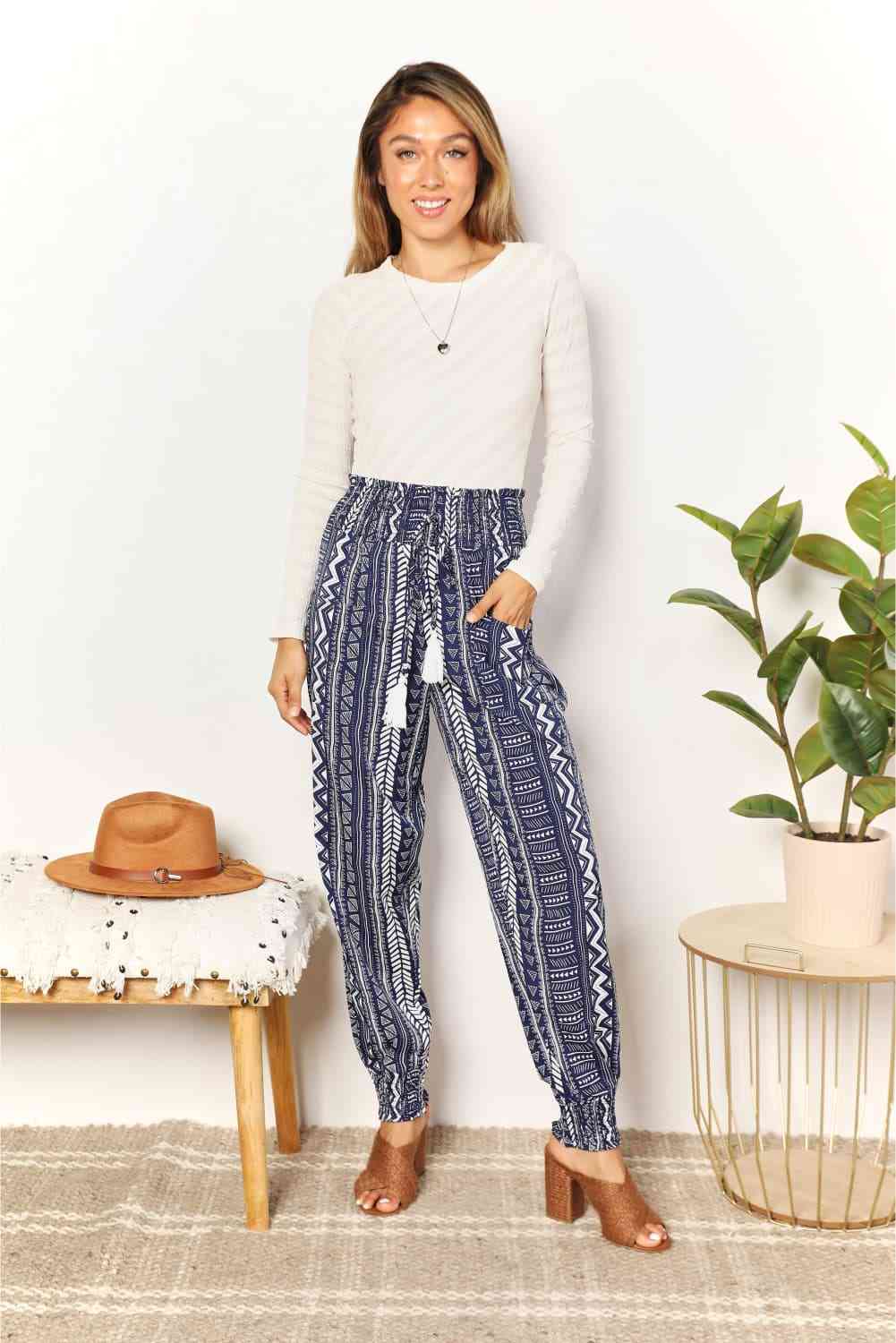 Double Take Geometric Print Tassel High-Rise Pants-Trendsi-SatinBoutique