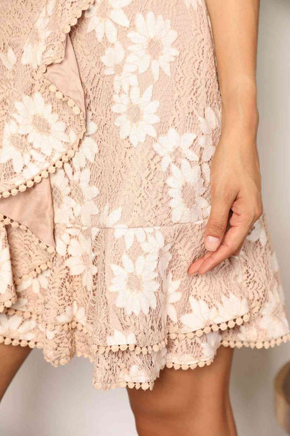 Double Take Floral Lace Pompom Detail Tie-Waist Flutter Sleeve Dress-Trendsi-SatinBoutique